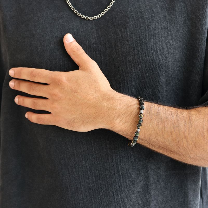 צמיד כסף 925 עם אבני Tiger Eye בצבע שחור וחרוזי כסף