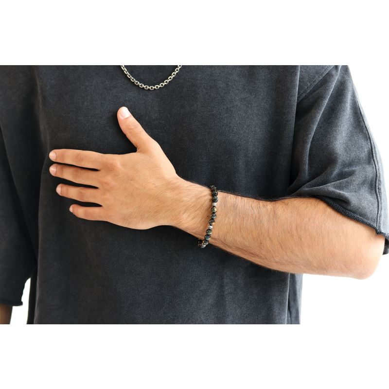 צמיד כסף 925 עם אבני Tiger Eye בצבע שחור וחרוזי כסף