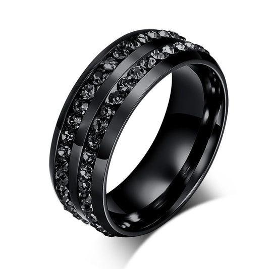 טבעת פלדת אל חלד שחורה בשיבוץ אבנים שחורות לחריטה