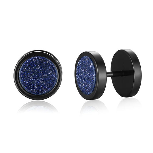 עגילי פלדה שחורים עגולים כחול מנצנץ עם סוגר עגול