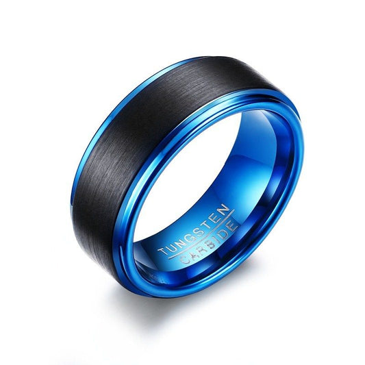 טבעת טונגסטן שחורה עם פס כחול אולטרה דק משני הצדדים